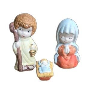 Vintage 70s Homeco Christmas Childrens Porcelain Mary Joseph Baby Jesus Nativity